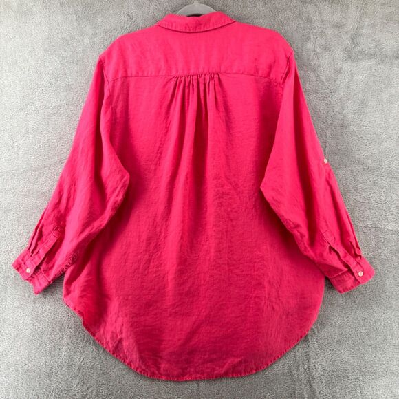Lands End Shirt Women 2X Orange Linen Button Up Collared Roll Tab Long Sleeve - Picture 8 of 15